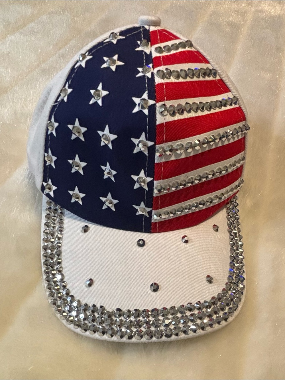 Embellished American Flag Rhinestone Baseball Cap - White/Red/Blue